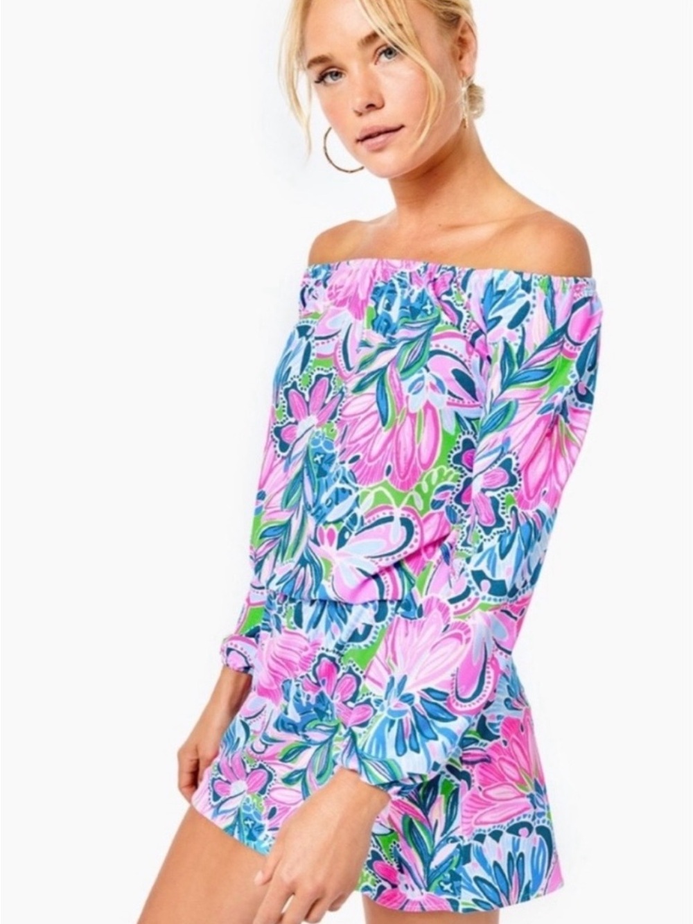 Lilly Pulitzer Lana Skort Romper Tiger Sunrise Off Shoulder 3/4 Sleeve Medium